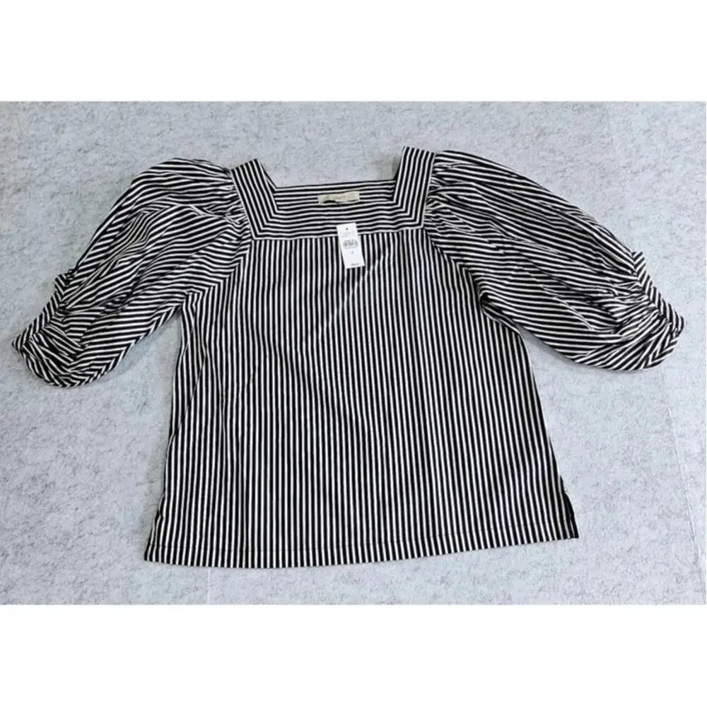 Loft Blouse Square-Neck Striped Puff Sleeve, Black & White, New w tags, Sz S